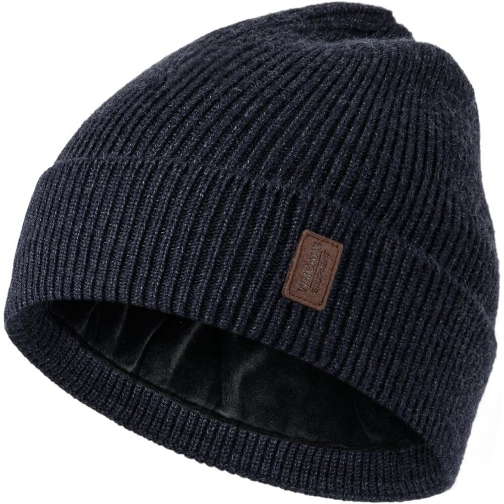 Men's Navy Blue White Fleece Lined Beanie Soft Winter Warm Ski Stocking Knit Hat